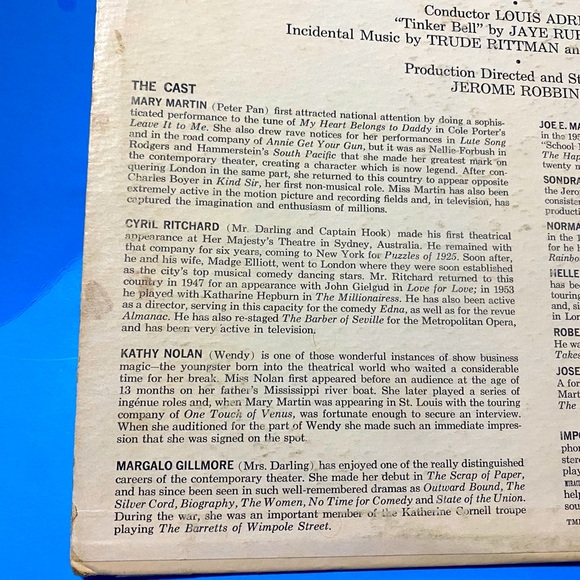 PETER PAN 60s MUSICAL VERSION RCA VINYL RECORD LP 33RPM ORIGINAL CAST RECORDING - Picture 16 of 16
